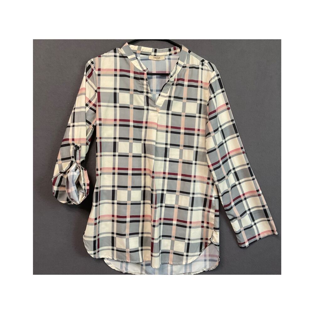 Timeson Plaid V-Neck Tunic Top‎ Small Lightweight Long Sleeve Polyester